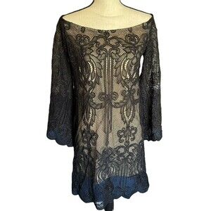 Olivaceous Black Lace Overlay Dress Size Large Scallop Hems Flare 3/4 Sleeves
